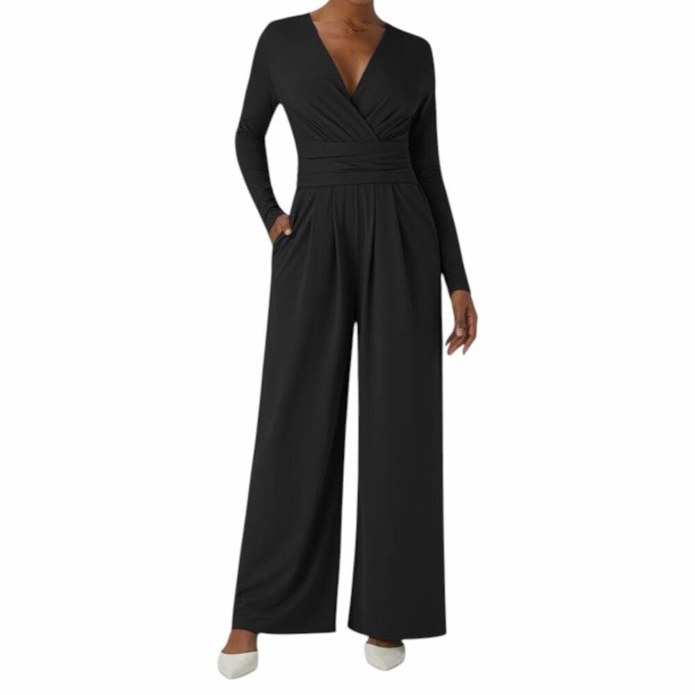 NEW Halara XL Black Faux Wrap Wide Leg Jumpsuit Long Sleeve Tie Waist Stretch On